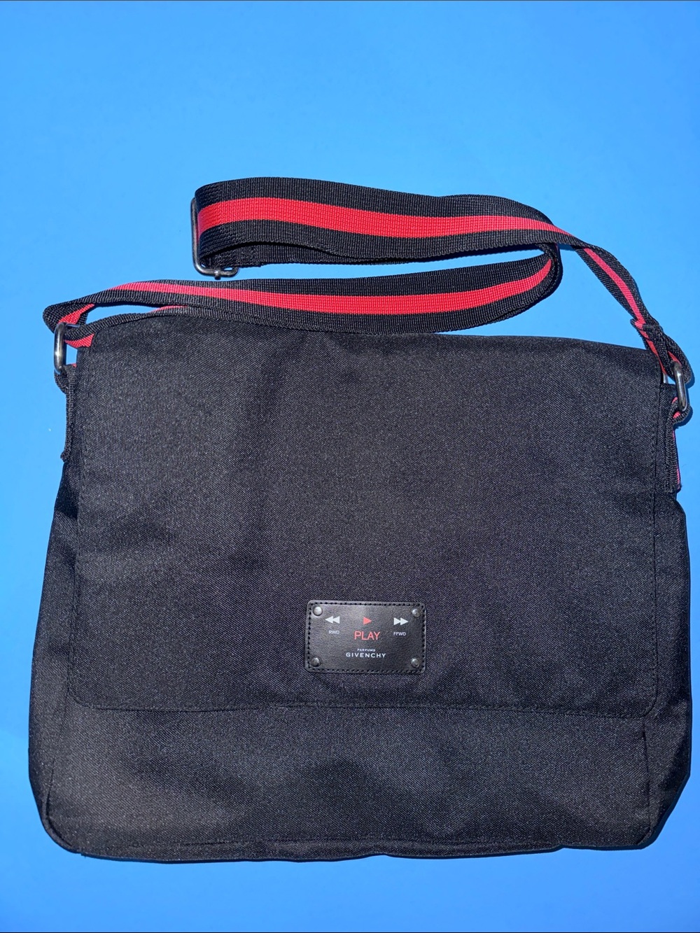 Givenchy Black Canvas Messenger Bag with Red-Striped Strap